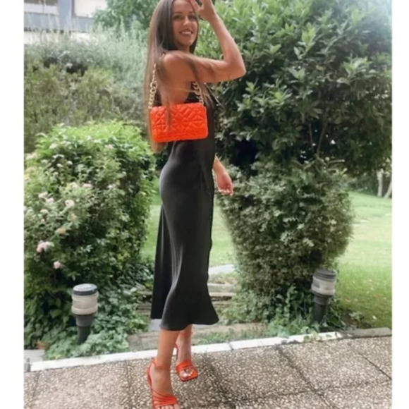 Zara Silky Satin Effect Surplus Midi Dress Black Blogger Fav Sz Small - Picture 4 of 10